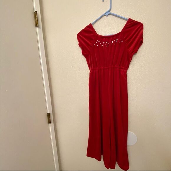 Soft red stretch velvet rhinestone winter fall Christmas Jumpsuit wide leg 10-12 - Picture 2 of 13